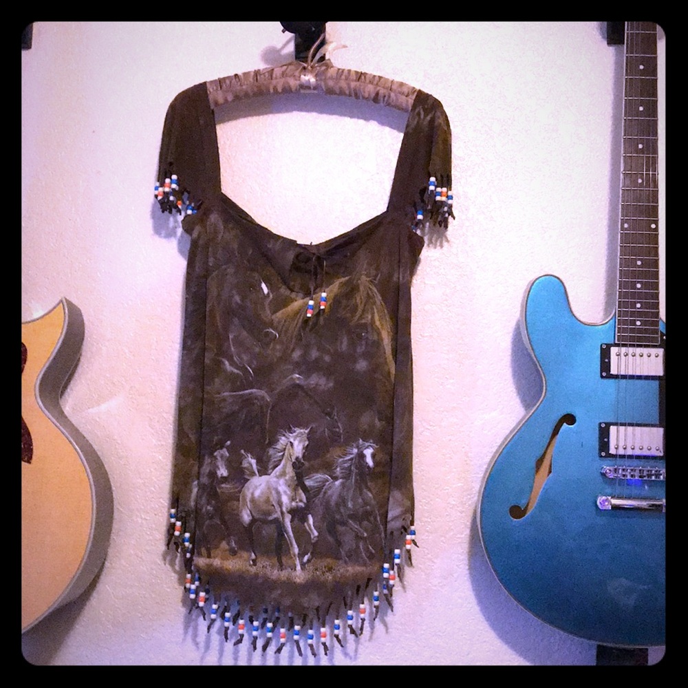 Hand beaded and fringed wild horse shirt